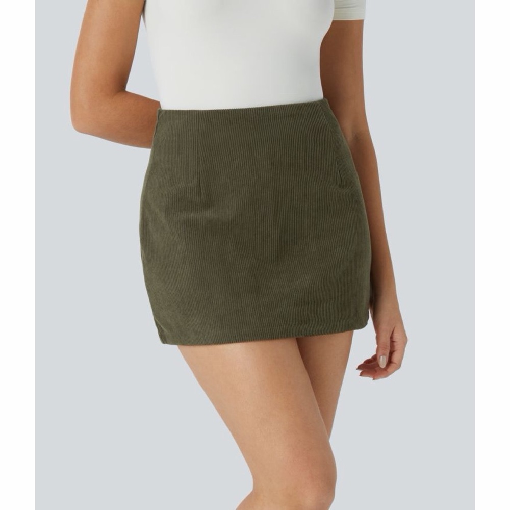 NWT Halara High Waisted 2-in-1 Aline Mini Corduroy Casual Skirt Hazel Mist Green